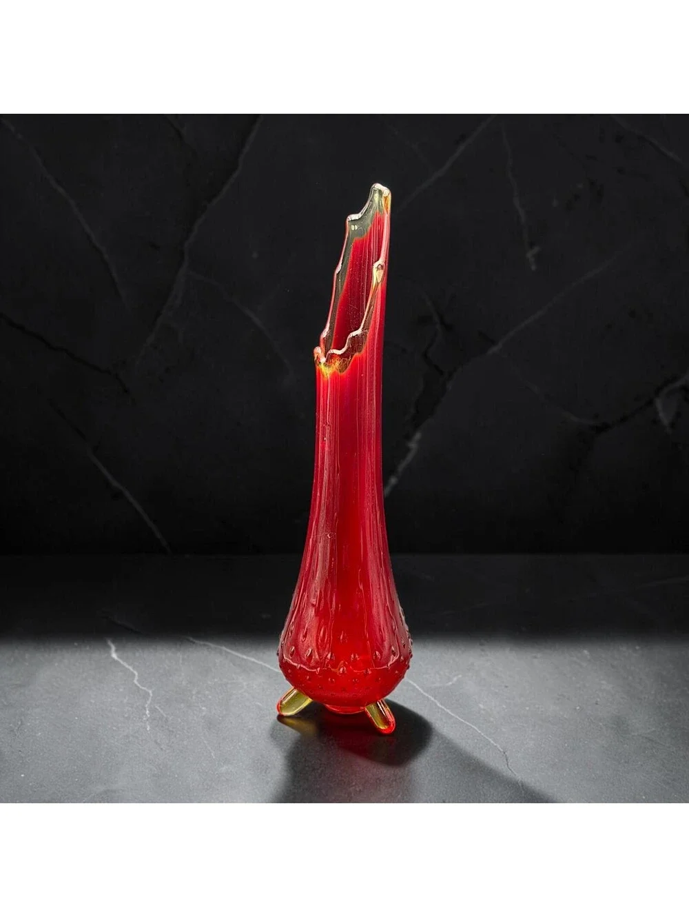 Vintage 1960s LE Smith Amberina Glass Vase with Hobnail Base and Three Feet, 14